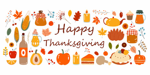Happy thanksgiving decorative elements with autumn harvest food and fall leaves