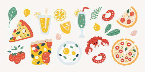Fototapeta premium A vibrant and playful collection of delicious food and drink illustrations including pizza seafood and refreshing beverages