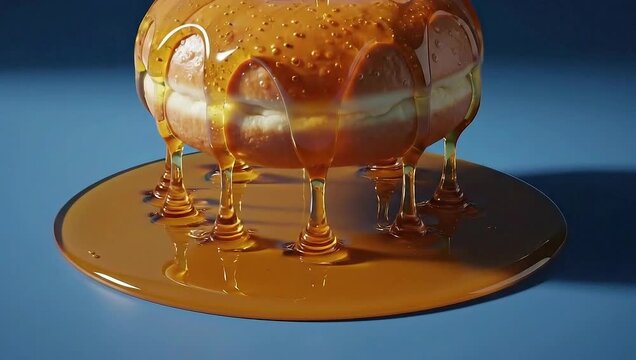 A close-up shot of a glazed donut with dripping honey. This mouthwatering image captures the sweet treat's sugary goodness