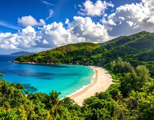 Lush green hills meet a tranquil turquoise bay and sandy beach under a blue sky.