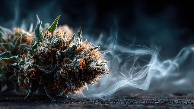 Marijuana plant is surrounded by smoke, creating a mood of relaxation and escape. The smoke is thick and billowing, giving the impression of a warm, cozy atmosphere