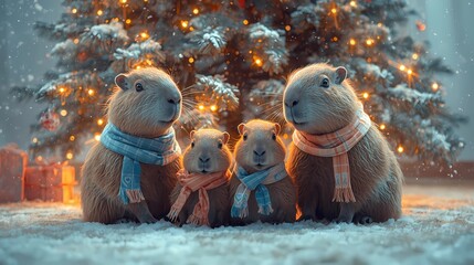 Kawaii capybara family wearing scarves sitting under Christmas tree, surrounded by glowing lights and soft snow, pastel blue and peach tones, cozy and heartwarming atmosphere with copy space above, 8k