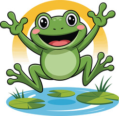 Happy cartoon frog jumping over lily pads in a pond with the sun shining in the background.