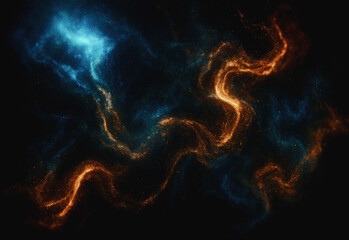 Vivid abstract space scene featuring orange and blue wisps of interstellar gas and dust swirling across a dark backdrop, creating dramatic cosmic texture for sci fi design