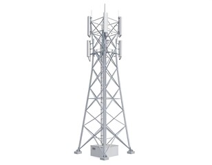 Tall communication tower with antennas transmits wireless signals.