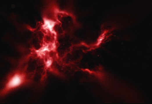 Vibrant red nebula clouds in deep space with glowing gas filaments and faint starlight, illustrating interstellar phenomena, star formation regions for educational and inspirational astronomy visuals