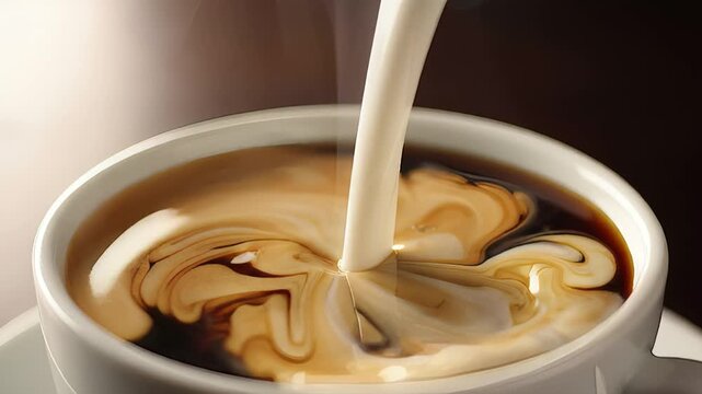 Milk swirling into a cup of dark coffee, creating a beautiful coffee art pattern
