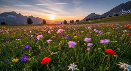 Vibrant alpine meadow at sunset with colorful wildflowers and majestic mountains.
