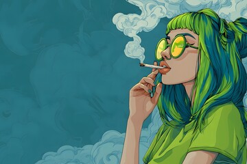 Woman in a green shirt smokes a cigarette while wearing sunglasses. The image has a cool, edgy vibe and is likely meant to convey a sense of rebellion or nonconformity