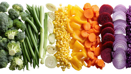 Colorful array of sliced vegetables.  A vibrant horizontal arrangement of various chopped vegetables, showcasing a rainbow of colors.  Fresh, healthy, and ready for cooking