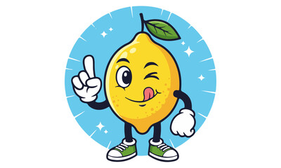 Zesty and Winking Lemon Mascot: A Cheerful Cartoon Character in Green Shoes and White Gloves Pointing Upwards, Representing a Great Idea or Fresh Product