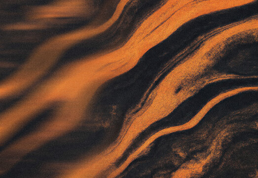 Close up abstract texture in warm orange and black tones featuring flowing lines reminiscent of sand dunes or mineral strata, high contrast, artistic background for design projects