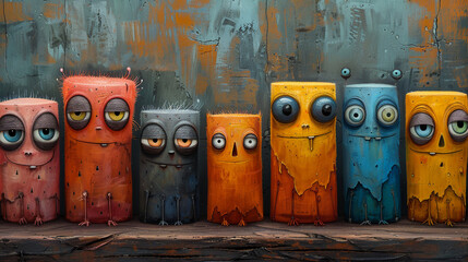 Colorful, cartoon monsters in a row on a wooden shelf against a textured wall.