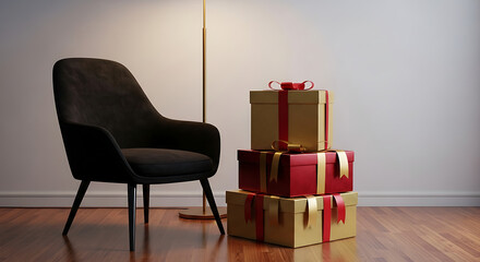 A comfortable armchair sits next to a stack of festive gift boxes illuminated by a floor lamp.