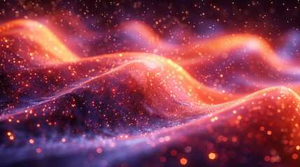 Abstract wavy shapes with glowing particles.