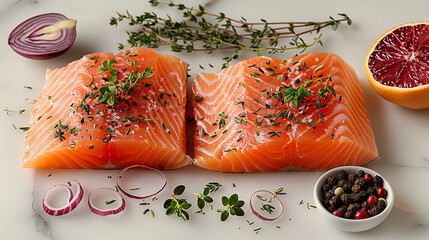 Fresh salmon fillets, herbs, and citrus fruits ready for cooking on a marble surface.