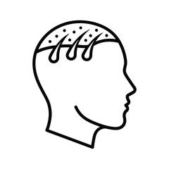 Stylized head profile showing hair follicles and scalp dots
