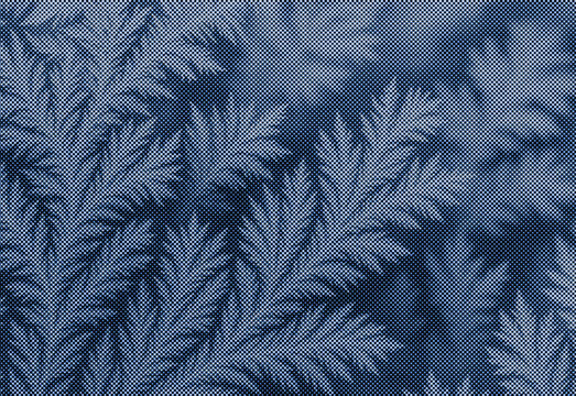 Close-up view of an abstract blue fern leaf pattern on a textured surface, showcasing a mono botanical motif ideal for background design, fabric decor, and modern interior projects