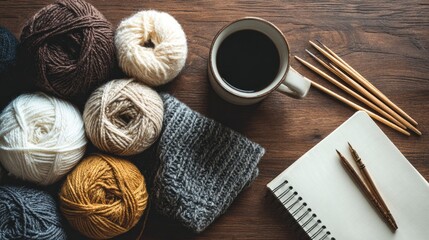 Fototapeta premium Cozy Craft Workspace with Yarn, Coffee, and Knitting Supplies