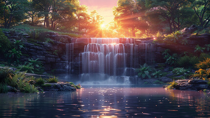 Serene Waterfall Cascading Over Rocks in a Lush Forest at Sunset.