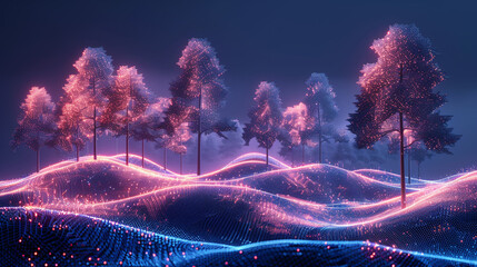 Futuristic glowing trees on a digital landscape at night.
