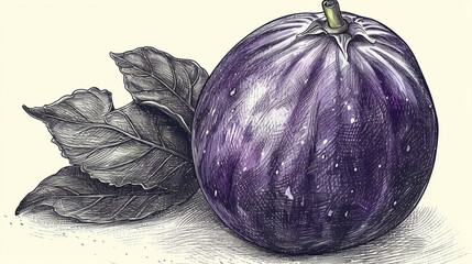 Detailed illustration of a ripe purple fig with leaves. (1)