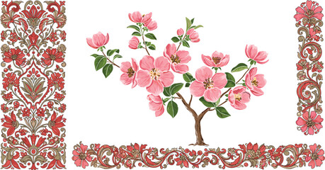 Pink floral branch with green leaves, intricate vintage decorative borders, ornamental flower design, isolated white