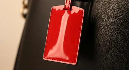 A glossy red luggage tag is attached to a black leather handbag.