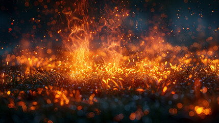 Fiery grass ablaze at night, with sparks and smoke rising, in a dark environment.