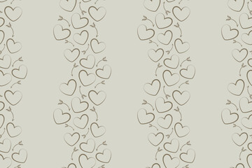 Subtle, rustic seamless pattern of hand-drawn outline hearts and arrows forming wavy vertical stripes in a soft, monochromatic taupe and beige palette, ideal for cozy neutral Valentine's designs.