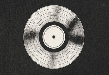 Close-up shot of a monochrome vinyl record with visible grooves and a central label on a dark textured background, capturing retro music aesthetics and nostalgia for music lovers