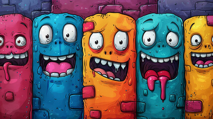 Cartoon monsters with exaggerated expressions and bright colors, forming a row.