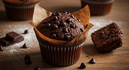 Delicious chocolate chip muffin closeup on wooden surface with bakery elements