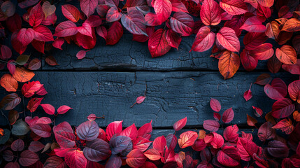 Autumn leaves frame on dark wood planks. Vivid crimson and burgundy foliage arranged in a decorative border around a dark gray wooden surface.