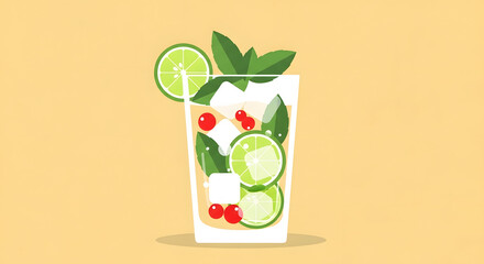 Holiday mojito with mint in a glass on yellow background  