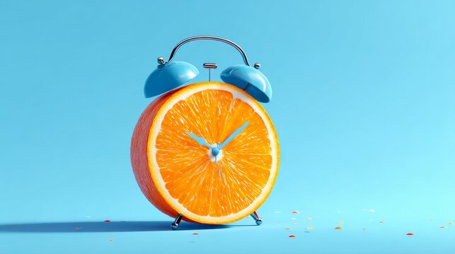 reative minimal design of orange slice alarm clock on pastel blue background, fruit idea for marketing concept