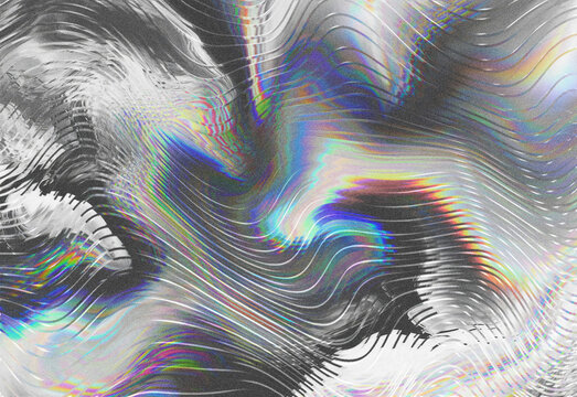 Close up of abstract iridescent wavy lines and metallic texture forming a futuristic holographic background for design projects and creative compositions