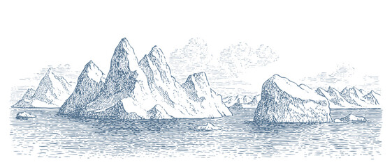 Icebergs floating in the ocean. Vintage woodcut linocut engraving style vector illustration. © RetroVector