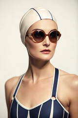 Woman wearing swim cap and sunglasses with stylish swimsuit, showing confident and elegant summer fashion look