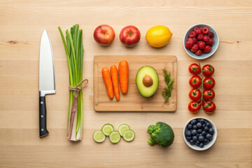 Fresh fruits and vegetables including avocado carrots tomatoes apples lemon broccoli blueberries raspberries and green onions arranged with knife