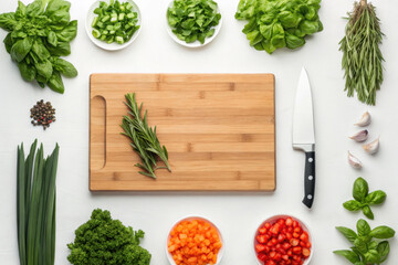 Fresh herbs and chopped vegetables surround wooden cutting board and knife, creating vibrant and healthy cooking setup