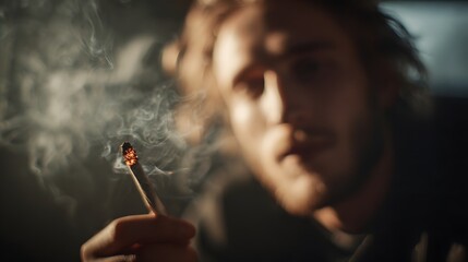 Obraz premium Man is smoking a cigarette and the smoke is billowing out of his mouth. Concept of relaxation and leisure, as the man is taking a break from his day to enjoy a cigarette