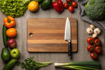 Wooden cutting board with kitchen knife surrounded by fresh vegetables and herbs for healthy cooking preparation