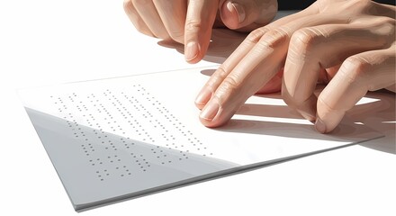 Close-up of hands gently tracing the raised dots of a braille document, illustrating tactile reading for visually impaired individuals
