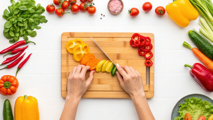 Sliced colorful bell pepper on wooden cutting board with fresh vegetables and herbs around, hands preparing healthy food