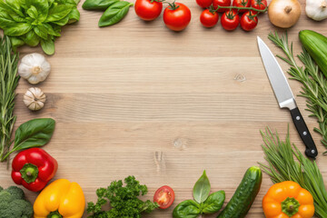Fresh vegetables and herbs arranged around wooden cutting board with kitchen knife ready for healthy cooking preparation