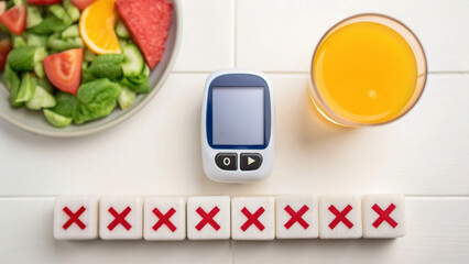 Glucose meter with fresh salad and orange juice on white table, symbolizing healthy lifestyle and diabetes management