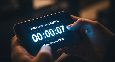 Person holds smartphone displaying a Black Friday sale countdown timer with text 'deals you can't miss'.