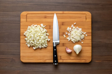 Chopped onion and garlic on wooden cutting board with kitchen knife, fresh ingredients prepared for cooking with healthy vibes