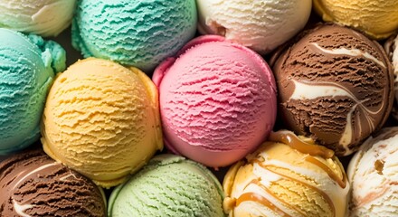 Close up of colorful scoops of assorted ice cream flavors in a delightful pattern